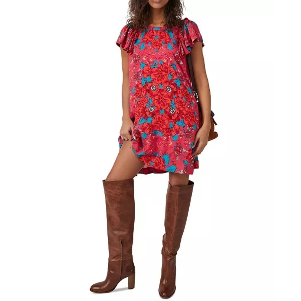 Free People Yara Floral Mini Dress Rose Flowy Flutter Sleeves Pocket S